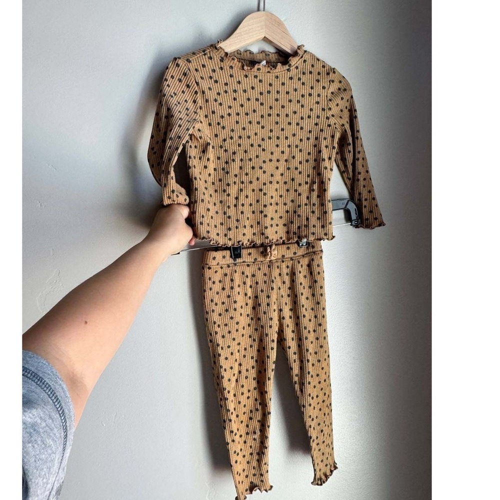 Old Navy Ribbed Polka Dot Lettuce Hem Top Leggings Set Caramel 2T